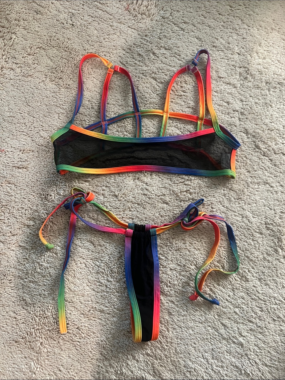 Rainbow Trim Black Mesh Bikini Set